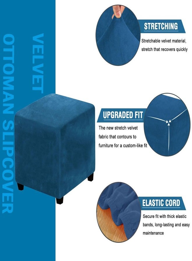 Lussenwert Velvet Ottoman Cover Square Stretch Square Ottoman Cover Thick Ottoman Slipcover Square Washable Storage Ottoman Cover Foot Stool Cover with Elastic Bottom Small Blue - Image 2